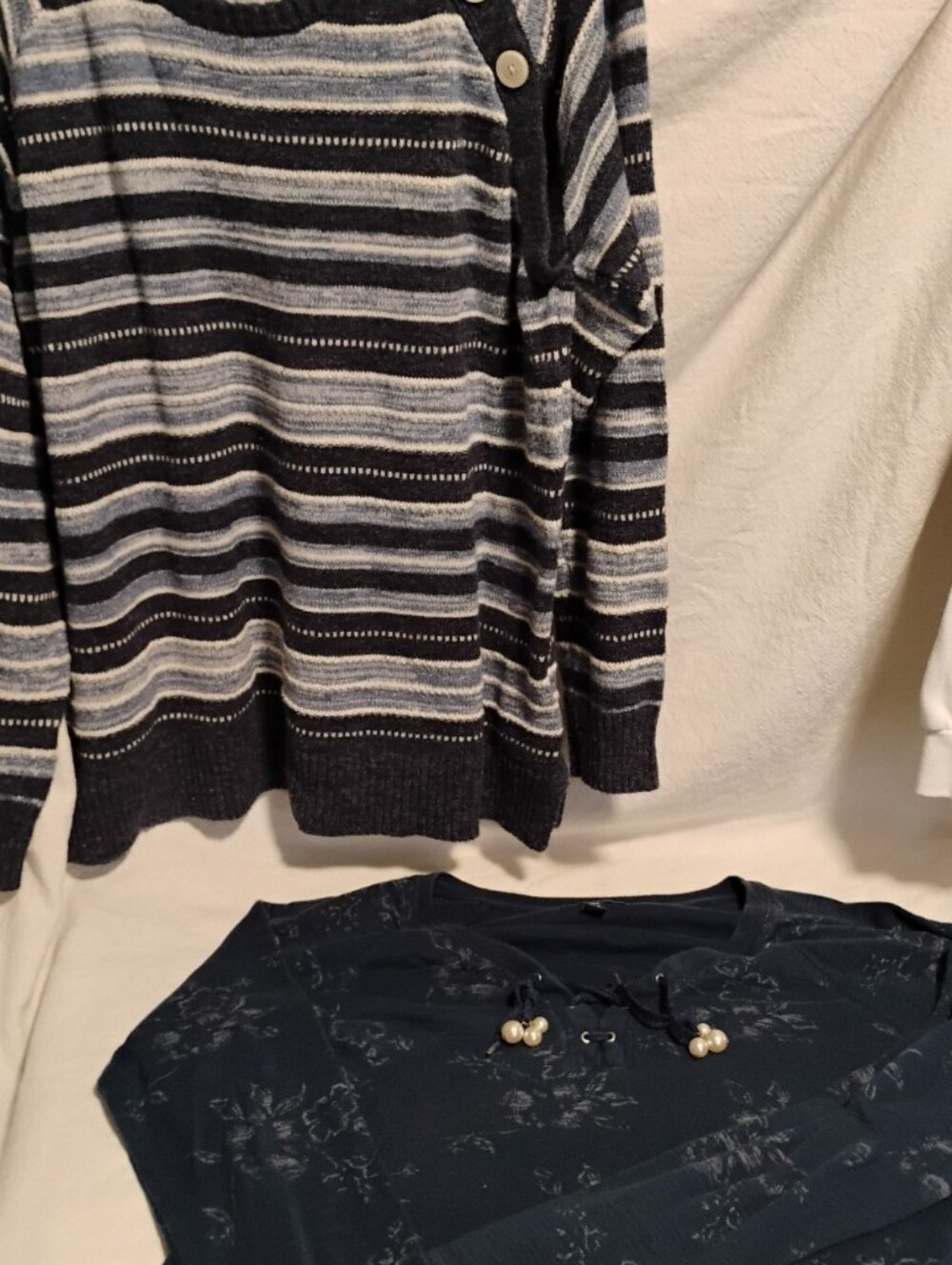 CHAPS Women's Large 2-Pc Sweater Bundle Navy Floral & Blue Striped Knit